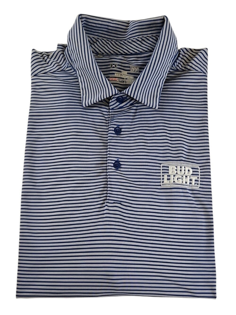 Under Armour Loose Fit Men’s Blue Striped Polo Shirt, BUD LIGHT, Size Large